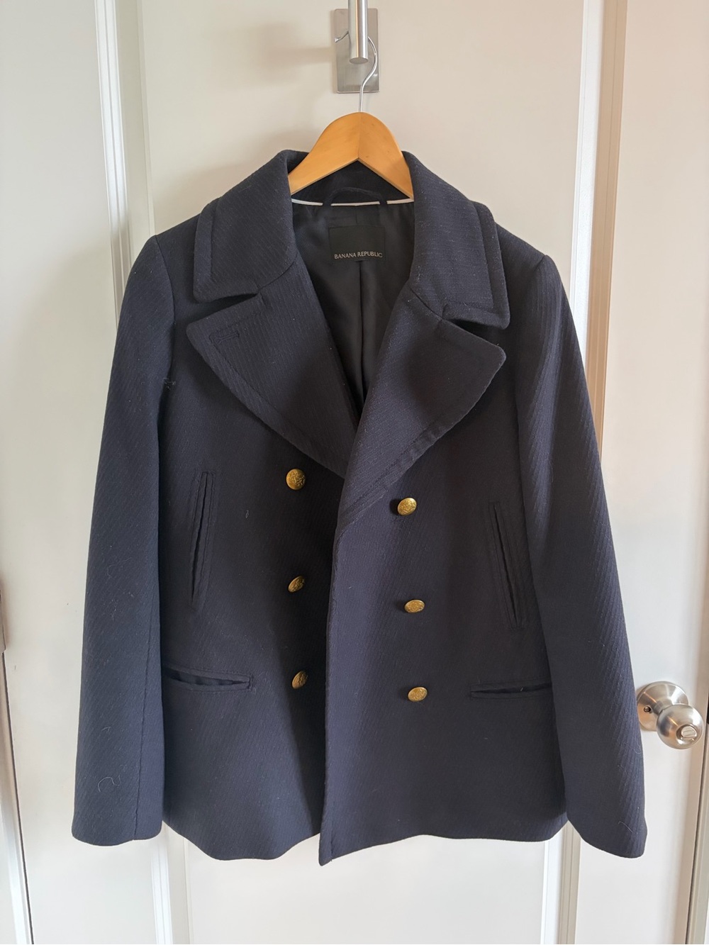 Banana Republic Dark Navy Double-Breasted Pea Coat with Gold Buttons